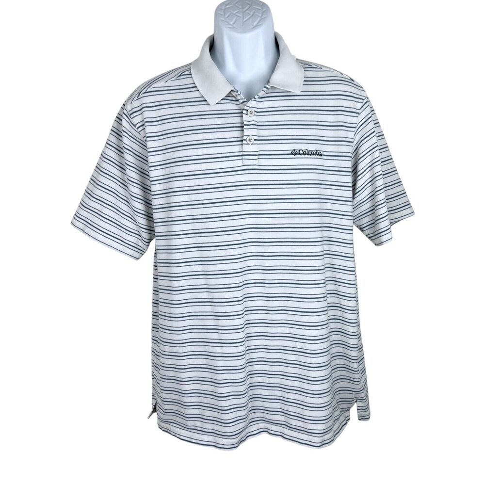Columbia Polo Shirt Men Large White Blue Striped Short Sleeve Omni-Wick Knit Tee